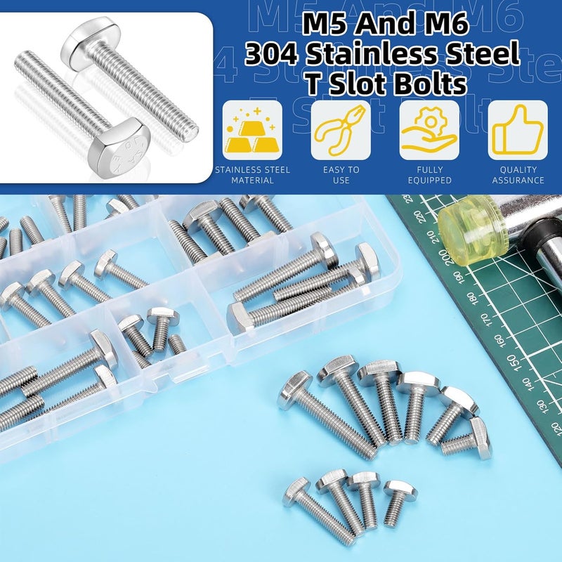 Glarks 50pcs M5 M6 T-Shaped Bolt Screw Set, 12/16/20/25/30/35MM Length 304 Stainless Steel T Shape Screws Hammer Head Bolt, Drop-in Stud Sliding T-Bolt, T-Slot Bolts for T Track - Image 3